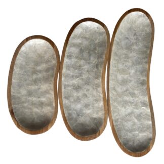 Set of 3 teak oval shaped bowls with shell inlay